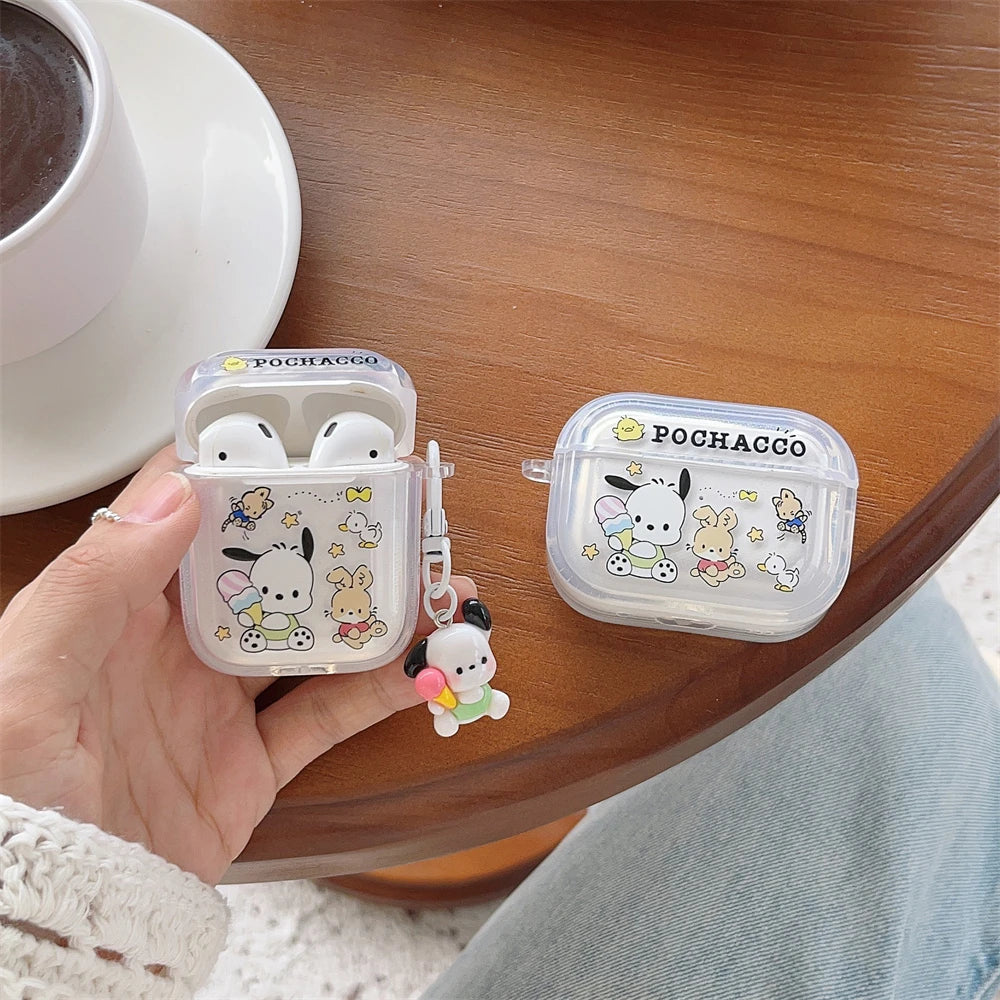 TPU Wireless Charge Headphone Case For Airpods 4,1,2,3,Pro,Pro2 Earphone Soft Cover With Hook Pochacco Cute Cartoon
