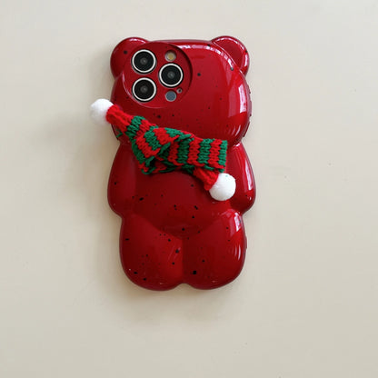 Merry Christmas 3D Cute Bear Shaped Winter Scarf Phone Case for iPhone 12 13 14 15 16 Pro Max Red New Year Soft Cover Xmas Gifts
