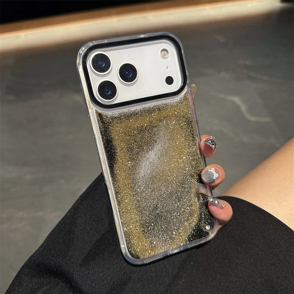 Glitter Quicksand Bling Phone Case for iPhone 17 Air 16 15 14 13 Pro Max Plus Shockproof Camera Bumper Shiny Silver Back Cover