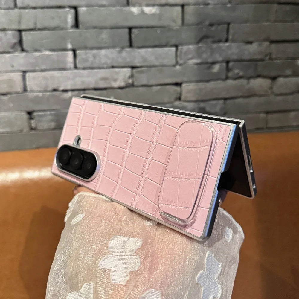 Luxury Crocodile Pattern Leather Case For Samsung ZFold 7 6 5 4 3 5G Mirror Fold Satnd Holder Shockpoof Protection Bumper Cover