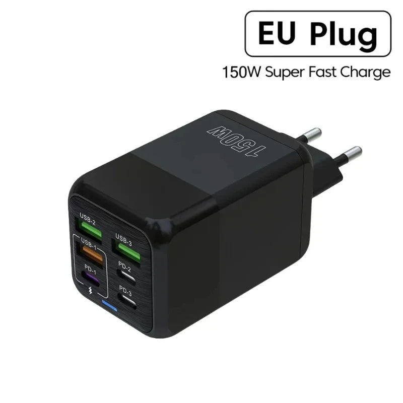 New 150W Fast Charger Mobile Phone Wall Adapter 3Type-C+3USB Multi Port Adapter Super Fast Charging for iPhone Samsung Huawei