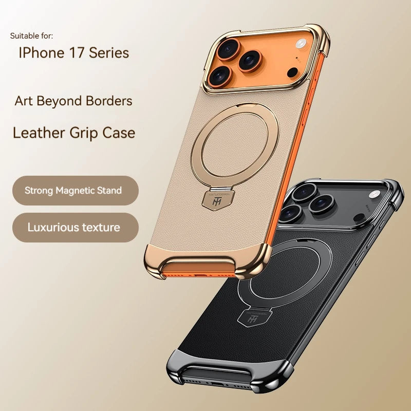 High-End Leather Frameless Magnetic Bracket Phone Case，For IPhone 17 Pro Max 17 Air Magsafe Wireless Charging Protective Cases