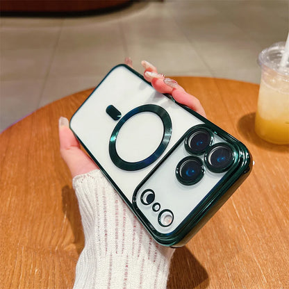 Luxury Plating Clear Case For iPhone 17 Air 16 15 14 13 12 11 17 Pro Max Shockproof Transparent Magnetic For Magsafe Lens Cover
