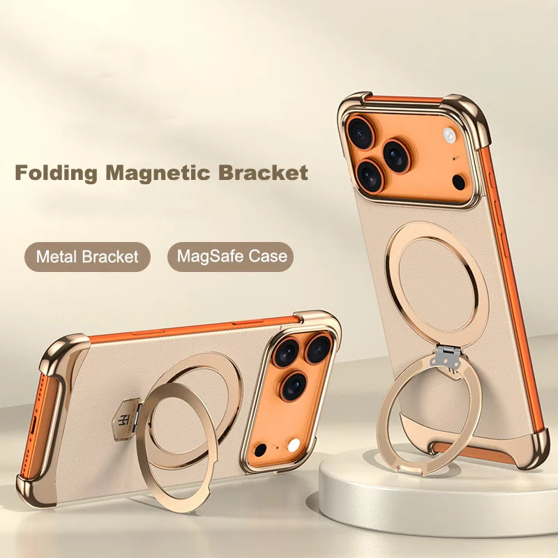 Luxury Leather Ultra Thin Frameless Magnetic Case For iPhone 17 16 15 14 13 Pro Max 17Air 17Pro Metal Bracket Anti-Drop Bumper
