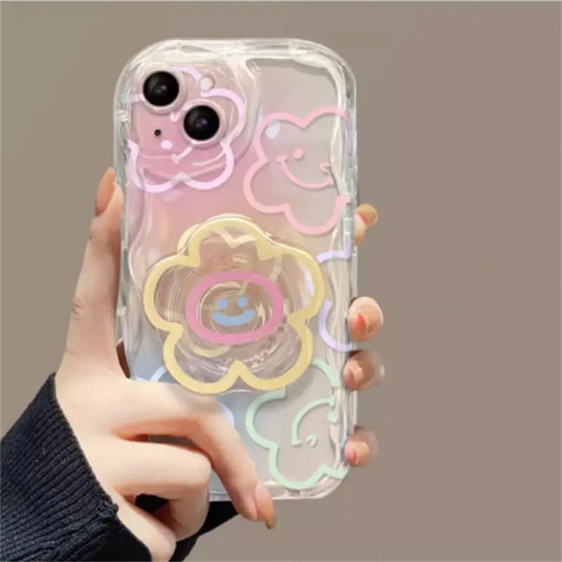 Color Smile Flower Grip Holder Wave Phone Case for Iphone 16 Pro Max 11 12 13 14 15 Pro Max 6 6S 7 8 Plus XR 13 Mini Soft Cover