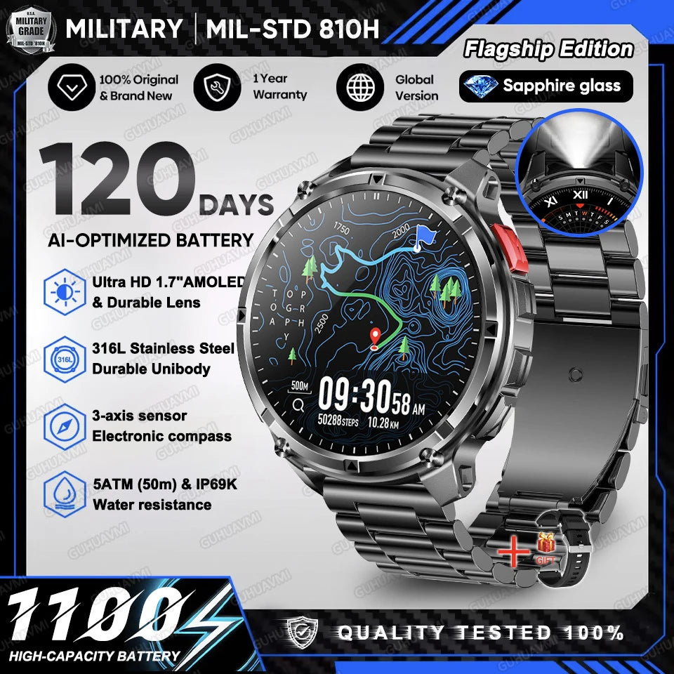 2026 New T-Rex 3 Ultra 1100mAh Military Smart Watch Men 5ATM Waterproof 1.7" AMOLED Screen Bluetooth Call Compass LED Flashlight