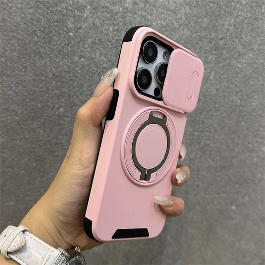 Luxury Heavy-Duty Rugged Armor Magnetic Bracket Case For iPhone 17 16 15 14 13 12 11 Pro Max Slide Camera Protection PC Cover