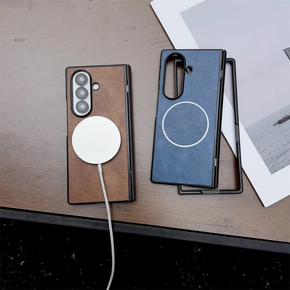 For Samsung Galaxy Z Fold 7 5 4 3 Case Leather Pattern For Magsafe Magnetic Case For Galaxy Z Fold6 Fold7 Wireless Charge Cover