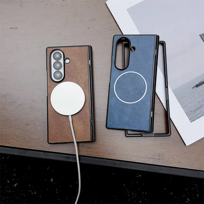 For Samsung Galaxy Z Fold 7 5 4 3 Case Leather Pattern For Magsafe Magnetic Case For Galaxy Z Fold6 Fold7 Wireless Charge Cover