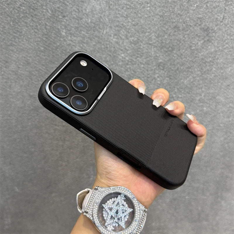 Alloy Lens Splice Leather Texture MagSafe Armor Case For iPhone 17 17Pro Max 16 Pro 15 14 13 Wireless Charging Magnetic PC Cover