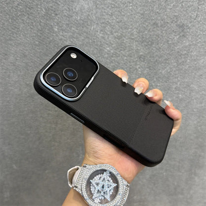 Alloy Lens Splice Leather Texture MagSafe Armor Case For iPhone 17 17Pro Max 16 Pro 15 14 13 Wireless Charging Magnetic PC Cover