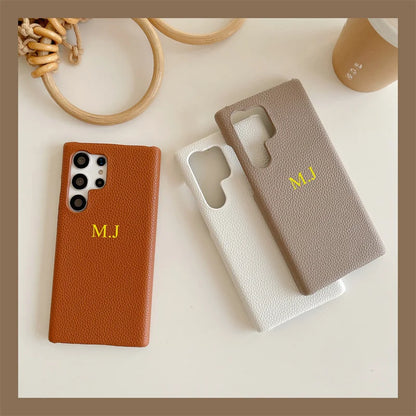Phone Case for Samsung s23 s22 s24 ultra s21 plus s20 s10p Personalize Customize Name Letter Grain Leather Cases - covers4phones