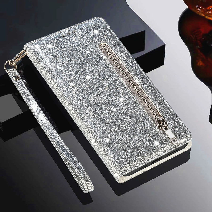 Glitter Wallet Magnetic Flip Leather Case For Samsung Galaxy Z Fold5 Z Fold4 Zipper Case For Samsung Galaxy Z Fold3 5G Z Fold 5