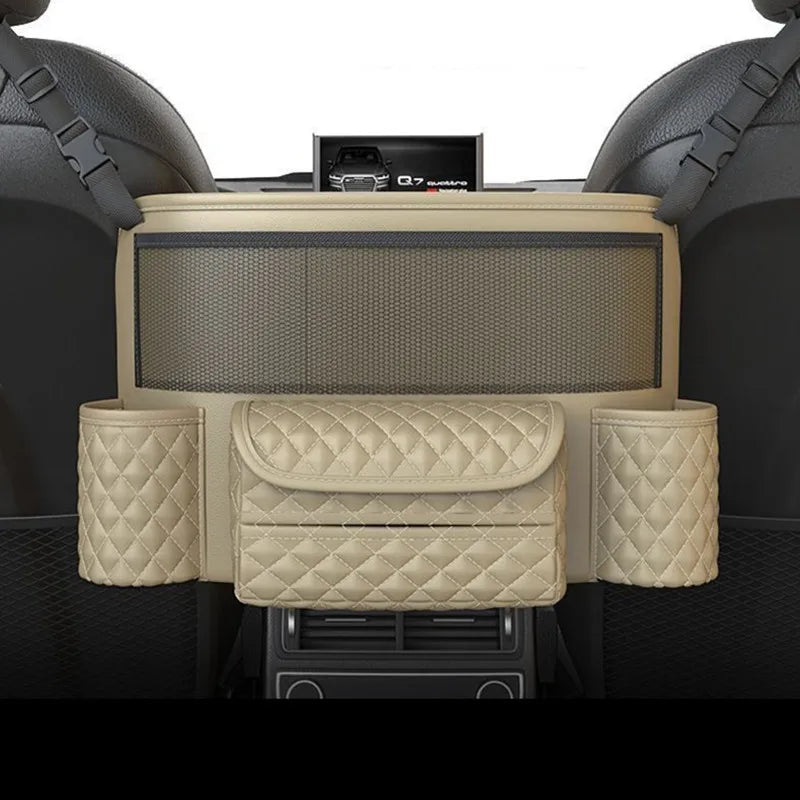 Leather Car Seat Middle Hanger Storage Bag Luxury Auto Handbag Holder Between Seats Tissue Water Cup Pockets Stowing Tidying
