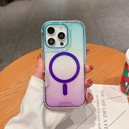 Heavy Duty Hard 3IN1 Gradient Shockproof Magnetic Case For iPhone 16 15 14 13 12 11 Pro Max Plus Magsafe Wireless Charging Cover