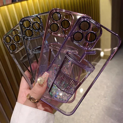 New Plating Ultrathin Antiskid Case For iPhone 16 15 14 13 12 11 Pro Max Plus Transparency Soft TPU Lens Film Protect Cover Pink