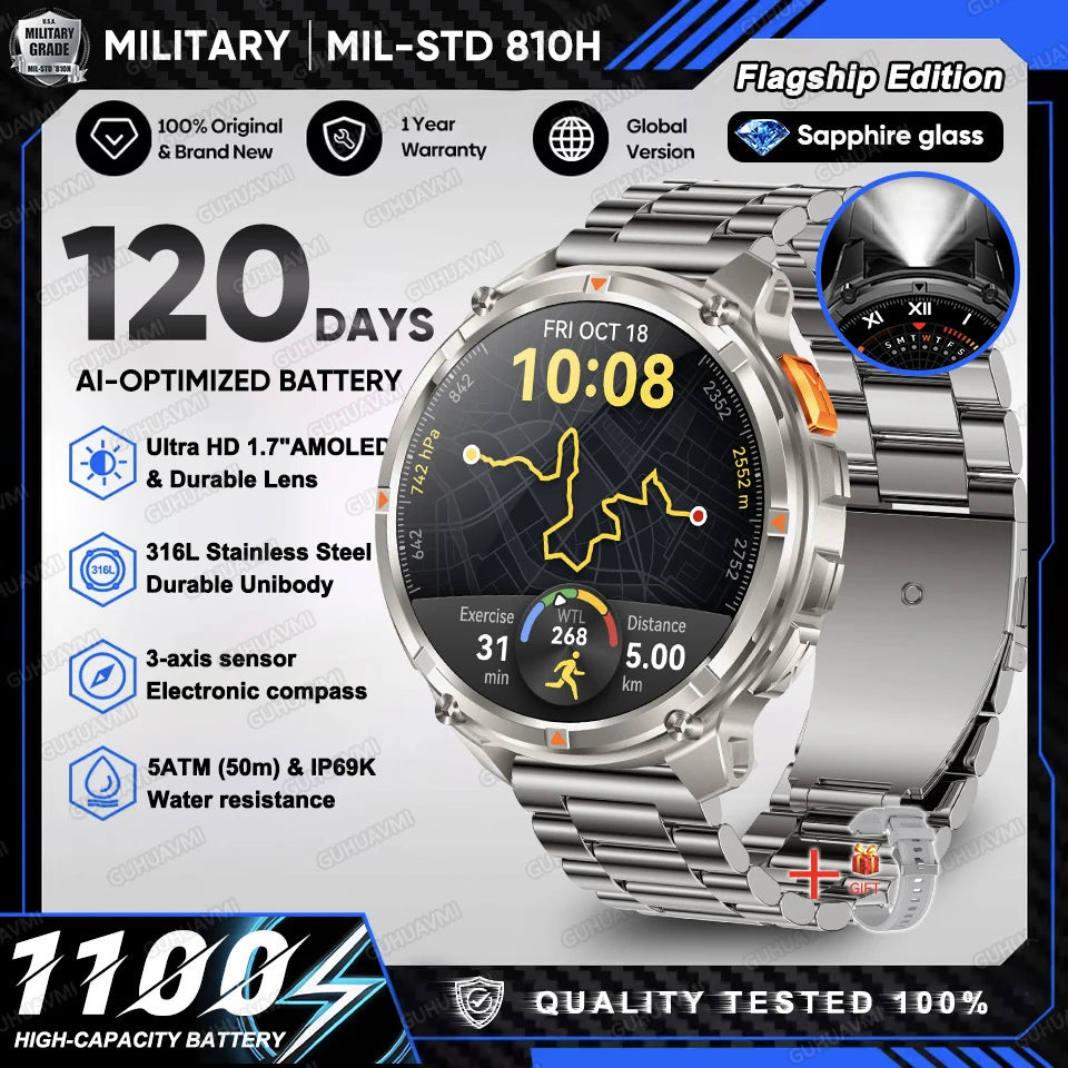 2026 New T-Rex 3 Ultra 1100mAh Military Smart Watch Men 5ATM Waterproof 1.7" AMOLED Screen Bluetooth Call Compass LED Flashlight