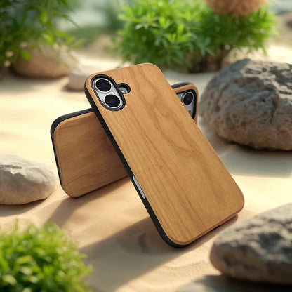 Phone Case for iPhone 16 Pro Max Plus,made of High Quality Cherry and TPU,Natural Wood Grain,Shockproof Design Protective Case