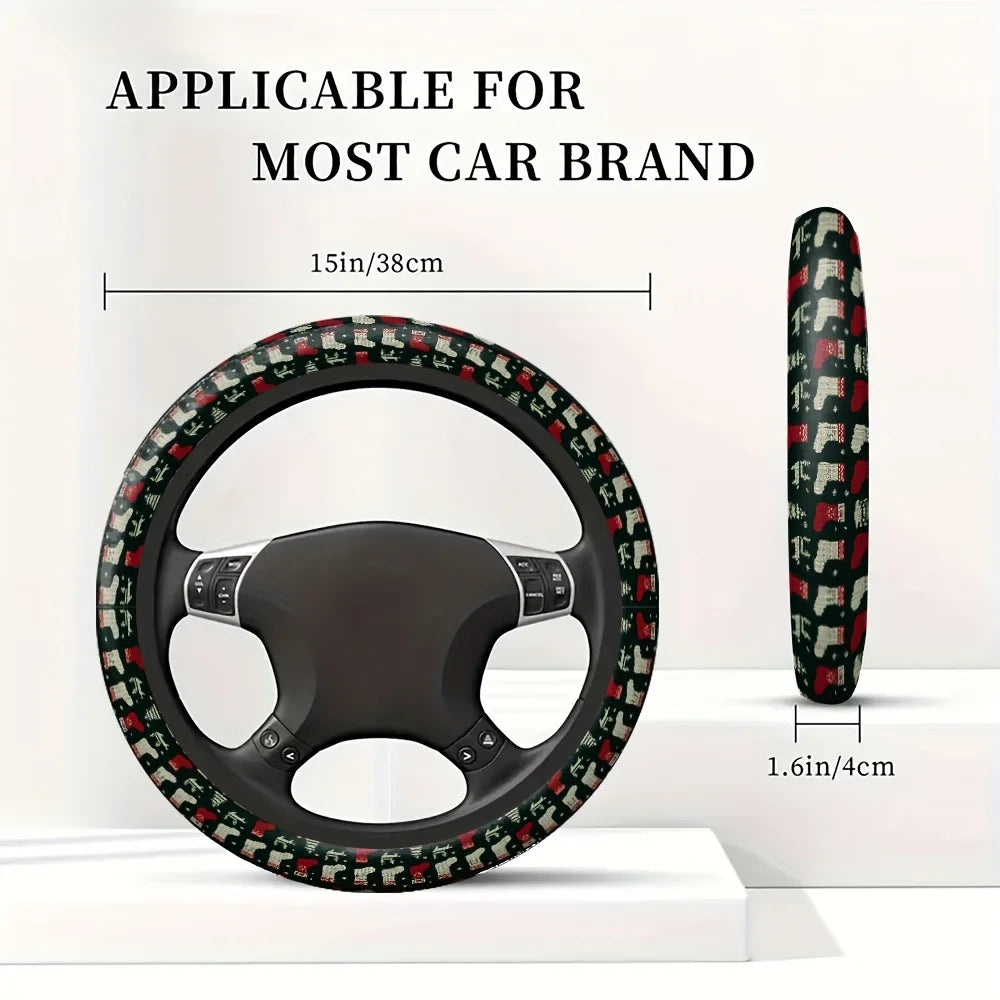 1pc Car Steering Wheel Cover with Red and White Christmas Stocking, White Reindeer and Snowflake Pattern Print One Size