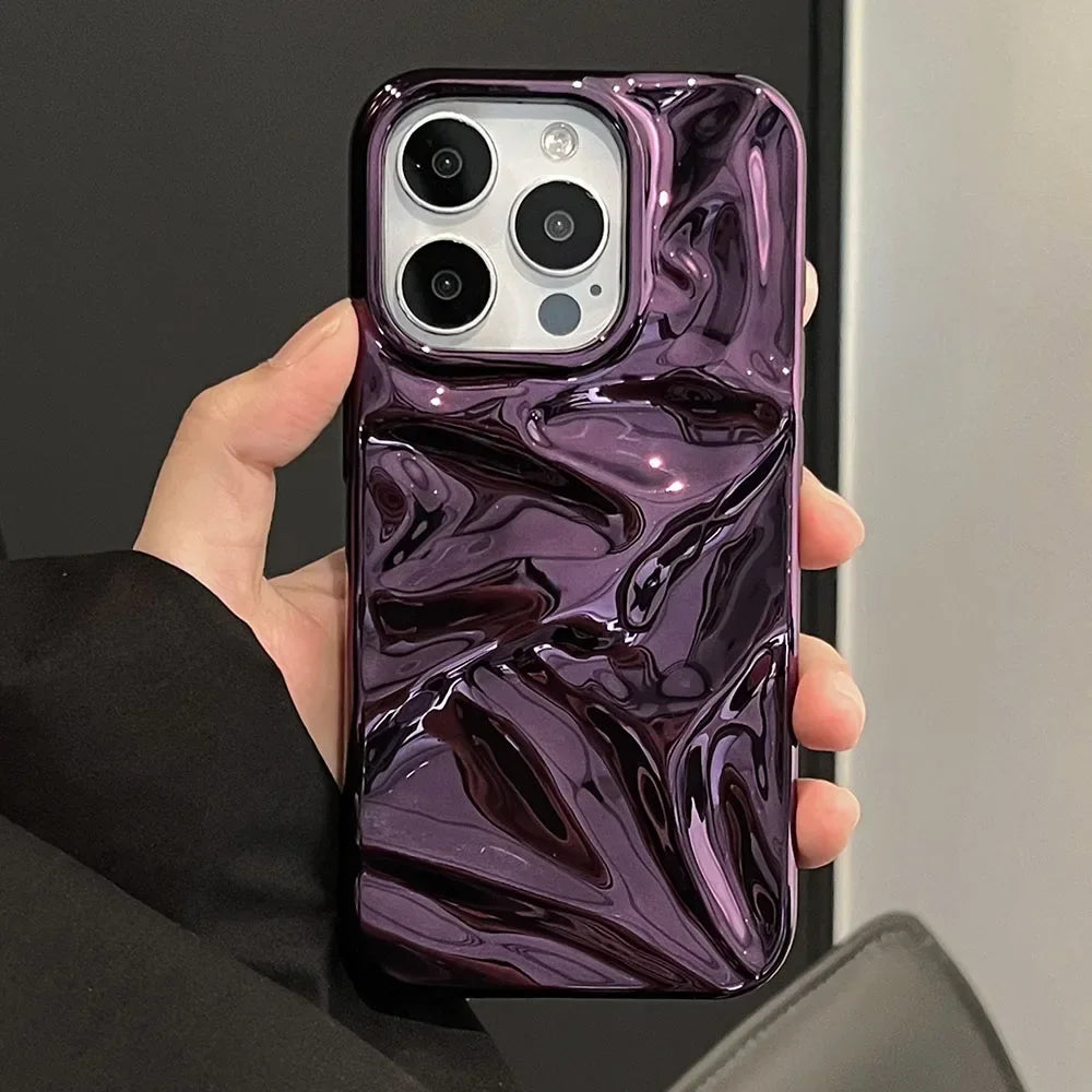Luxury Electroplate Silvery 3D Wrinkle Phone Case For iphone 16 15 14 13 11 12 Pro Max Purple Water Ripple Shockproof Soft Cover