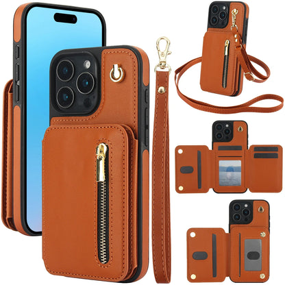 Card Slots Zipper Leather Wallet Case Flip Phone Case for IPhone 11 12 13 14 15 16 17 Pro Max Plus Promax 16e Ring Lanyard Purse