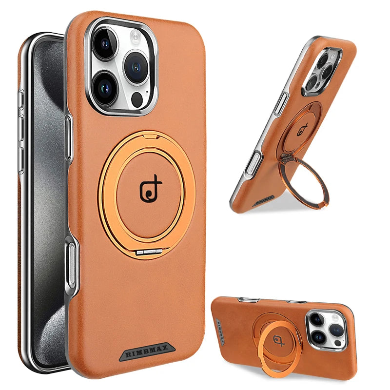 For Magsafe Magnetic 360°Rotating Car Bracket Ring Leather Phone Case For iPhone 16 Pro Max 14 11 12 13 15 Pro Max Bumper Cover