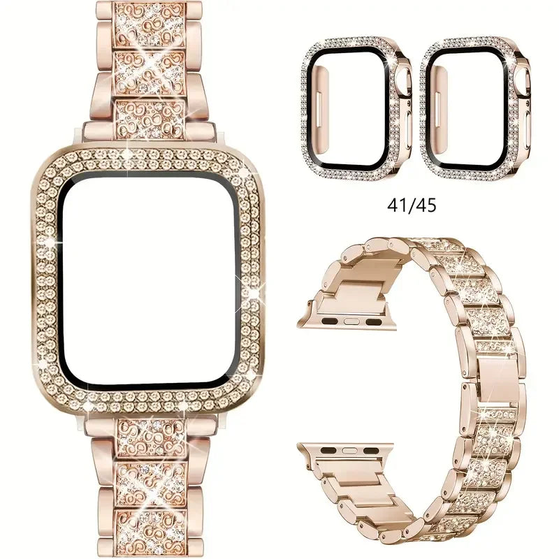 NEW Diamond case+Strap For Apple Watch Band 41mm 38mm 42mm  45mm 40mm 44mm Metal Belt IWatch Series 9 8 7 SE 6 5 Women Bracelet