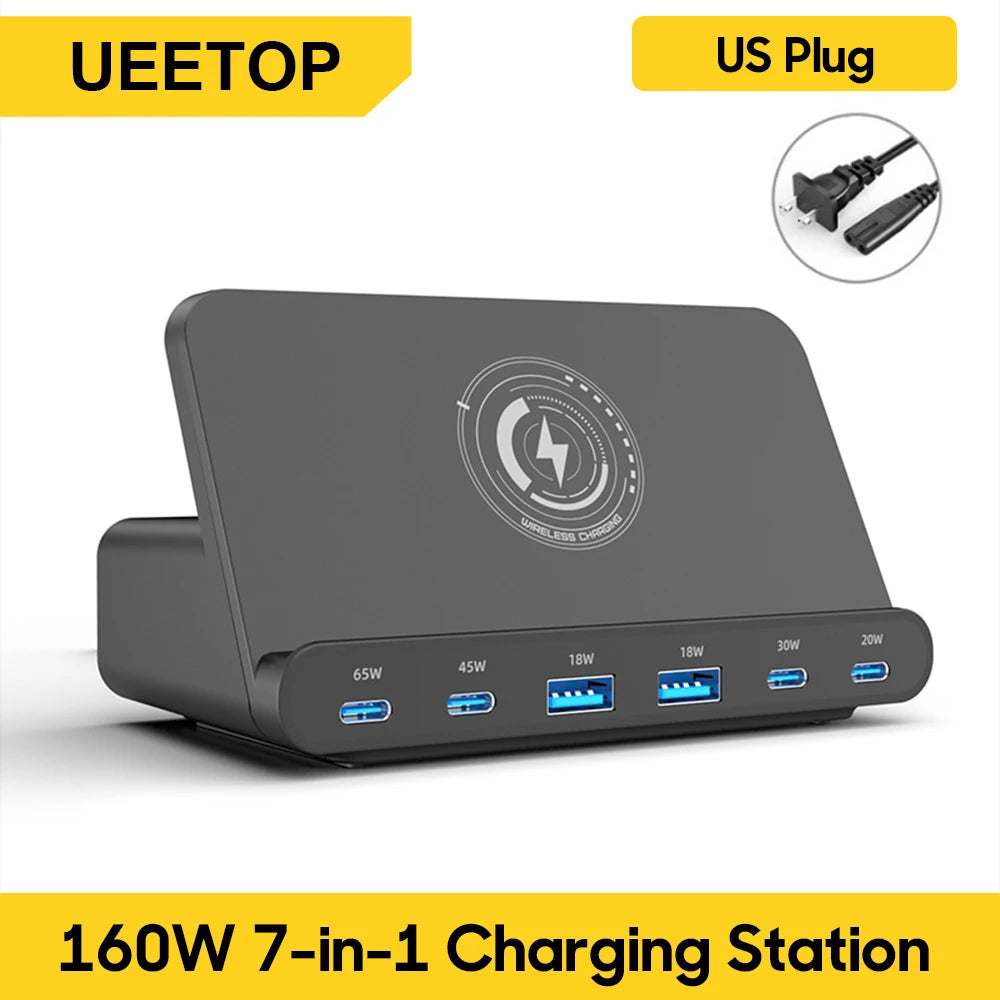 Ueetop 160W USB Charging Station Wireless Charging 65W PD PPS 45W GaN Charger Quick Charger For Laptop Tablet iPhone 15 Samsung