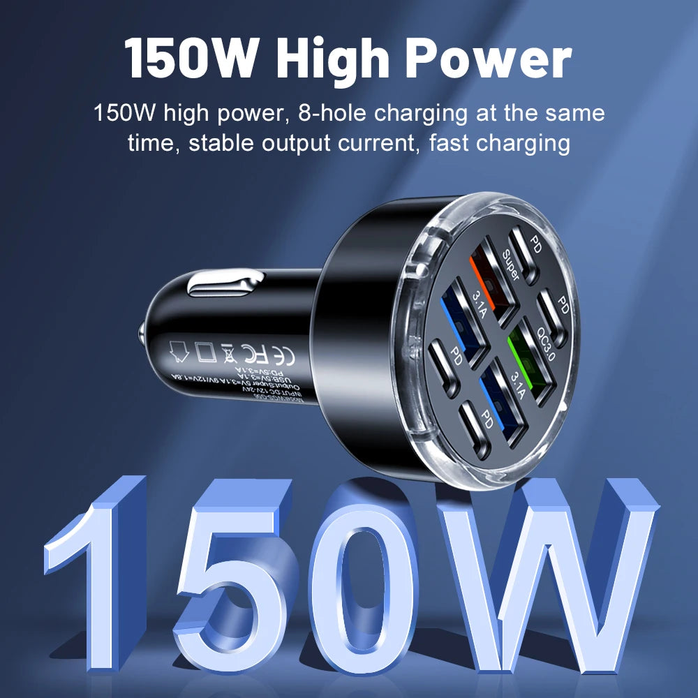 150W 8 Ports Car Charger Fast Charging PD QC3.0 USB C Car Phone Charger Type C Adapter in Car For iPhone Samsung Huawei Xiaomi