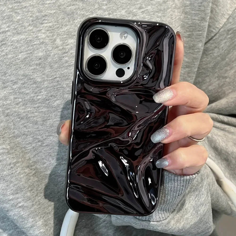 Luxury Electroplate Silvery 3D Wrinkle Phone Case For iphone 16 15 14 13 11 12 Pro Max Purple Water Ripple Shockproof Soft Cover