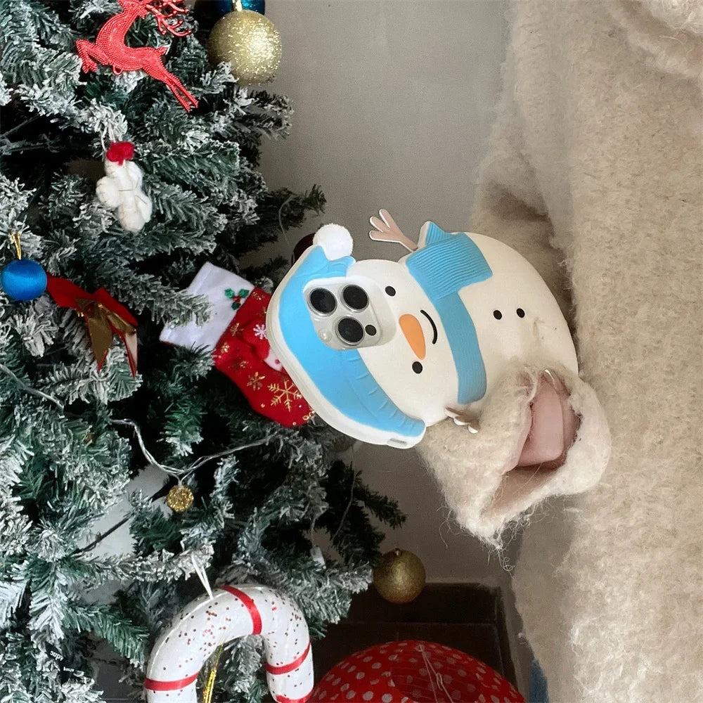 Soft Silicone Cartoon Cute Christmas 3D Snowman Shockproof Phone Case for IPhone16 15 14 13 12ProMax Anti-drop Shockproof Cover