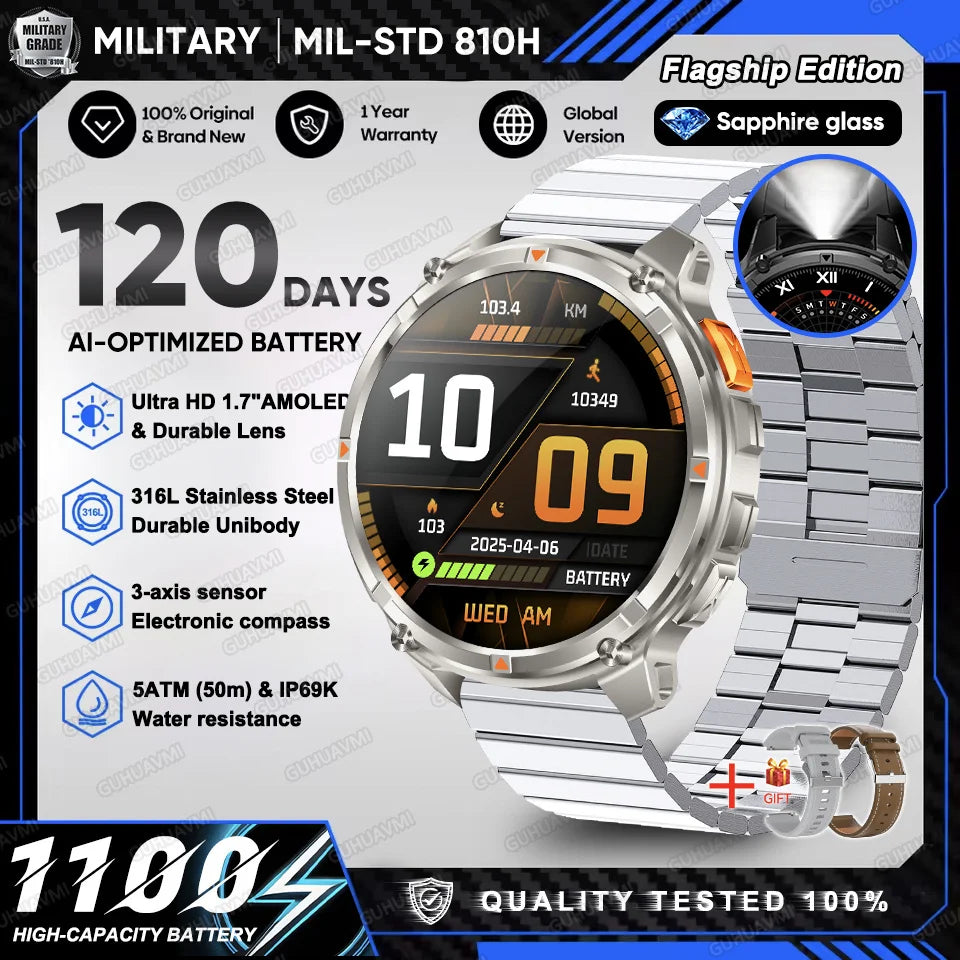 2026 New T-Rex 3 Ultra 1100mAh Military Smart Watch Men 5ATM Waterproof 1.7" AMOLED Screen Bluetooth Call Compass LED Flashlight