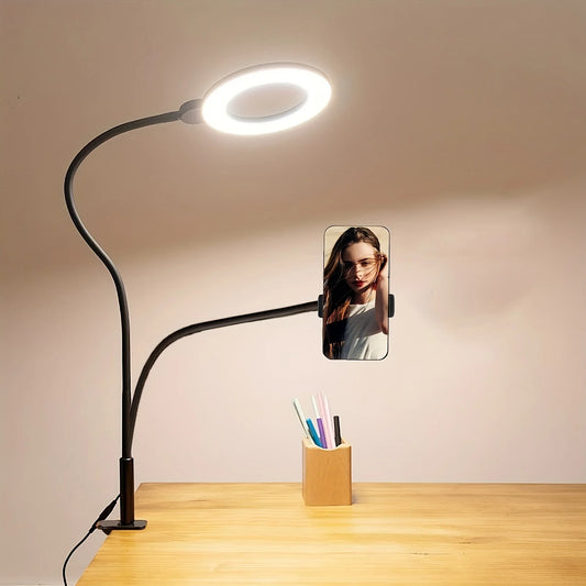 Selfie Ring Light with Phone Holder Clip-On Selfie Light Adjustable Flexible Gooseneck 2-in-1 Desk Ring Lamp for Live Streaming
