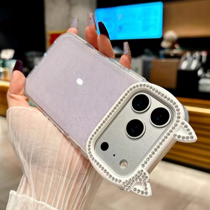 Cute Rabbit Ear Phone Case For iPhone 17 Pro Max Glitter Diamonds Cover For iPhone 15 Pro 16 Pro Max 14Pro 13 Protective Cases