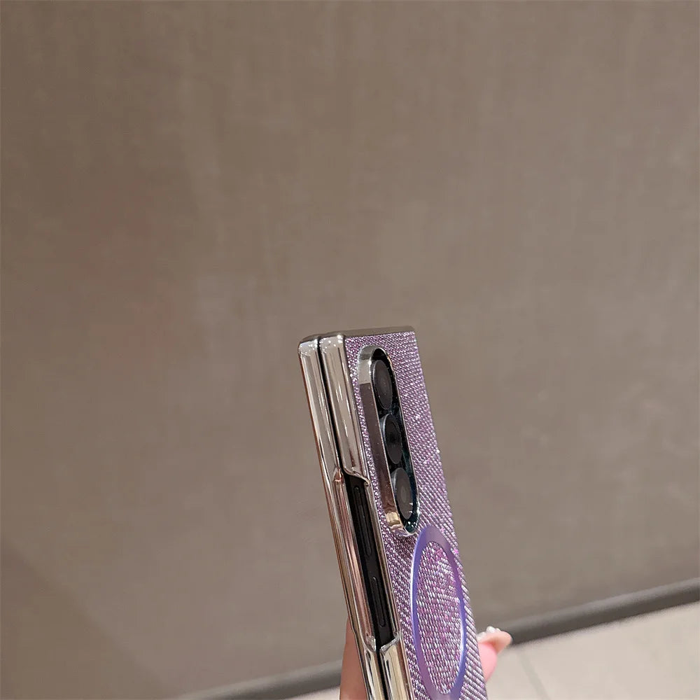 Luxury Magnet Magnetic Mini Diamond Glitter Phone Case For Samsung Z Fold 7 6 5 4 3 For Magsafe Wireless Charging Plating Cover