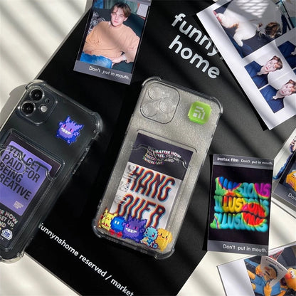 3D Anime Cute P-Pokemon Gengar Card Wallet Black Clear Soft TPU Phone Case For iPhone XS Max XR 13 12 11 14 15 16 Pro Max  Cover