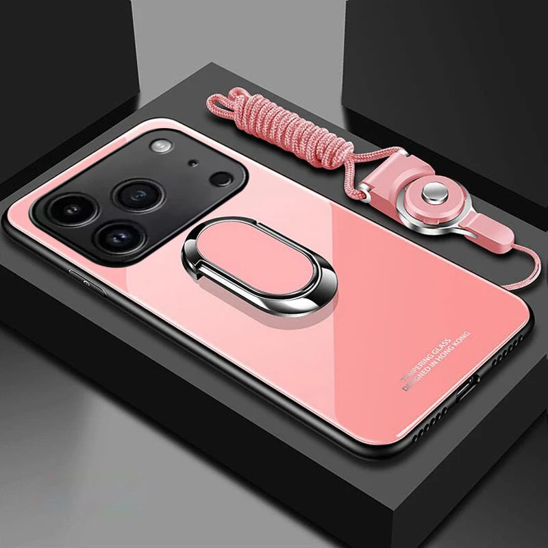 For iphone 17 Air 17 Pro Max Cases Magnet Ring Stand Phone Case For iphone 16E 15Plus 14Pro Max Mirror Tempered Glass Back Cover