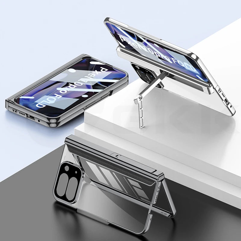 Magnetic Hinge Holder Case for Google Pixel 10 Pro Fold Luxury Plating Clear Front Screen Glass Cover for Pixel 10 Pro Fold Case