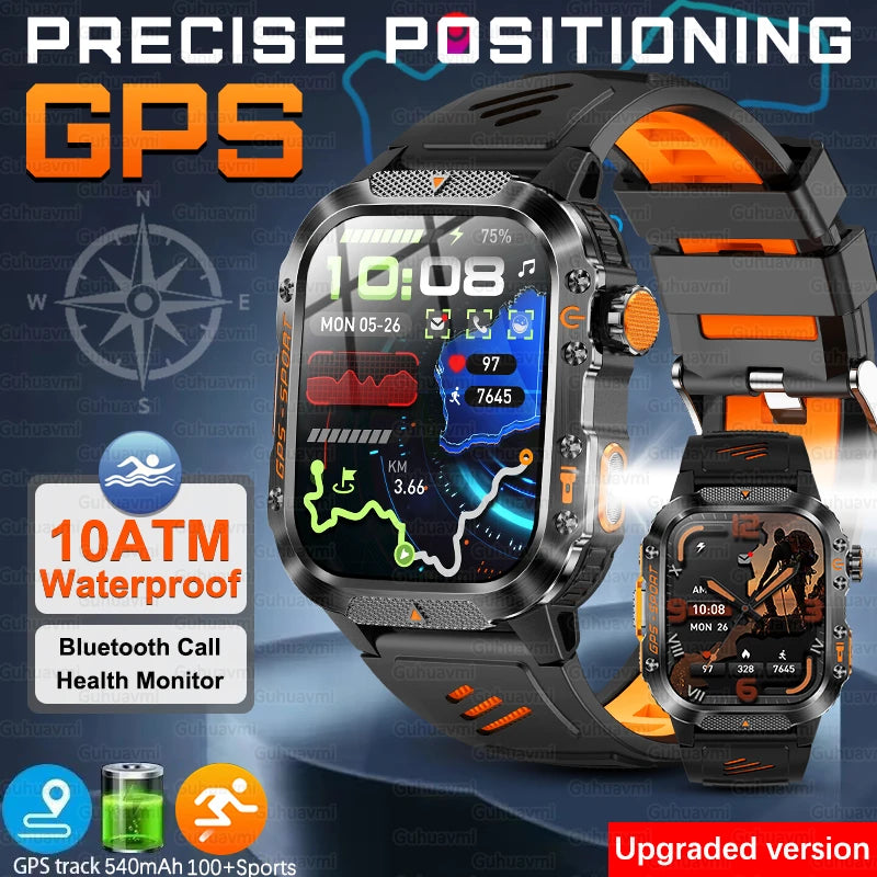 2025New GPS Smart Watch For Xiaomi IOS Military Compass Flashlight Smartwatch Men 10ATM Waterproof 100+Sport Modes BT Call Watch
