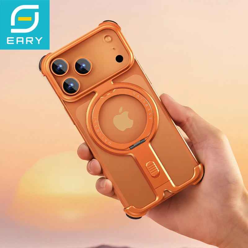 Eary Minimalist Phone Case for iPhone 17 Pro Max for Magsafe Wireless Charging 360°Magnetic Stand Aluminum Metal Frameless Cover