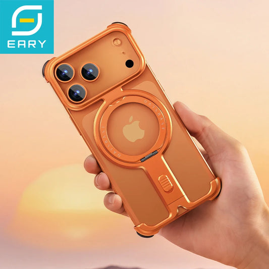 Eary Minimalist Phone Case for iPhone 17 Pro Max for Magsafe Wireless Charging 360°Magnetic Stand Aluminum Metal Frameless Cover
