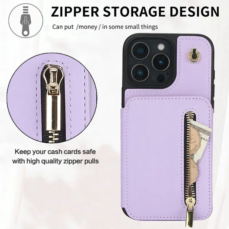 Card Slots Zipper Leather Wallet Case Flip Phone Case for IPhone 11 12 13 14 15 16 17 Pro Max Plus Promax 16e Ring Lanyard Purse