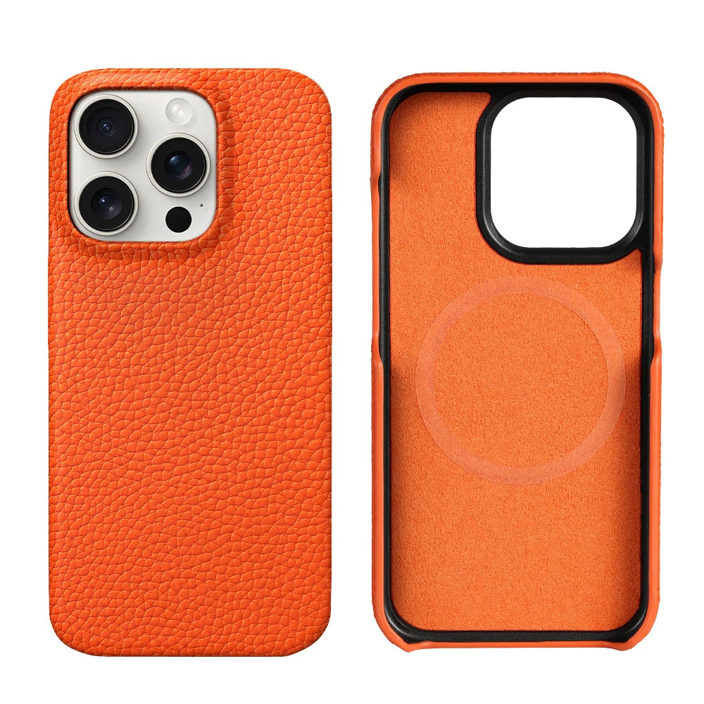 for Magsafe Case for iPhone 15 16 Pro Max Promax 16Pro Natural Cowhide Lychee Leather Magnetic Protector Luxury Phone Back Cover