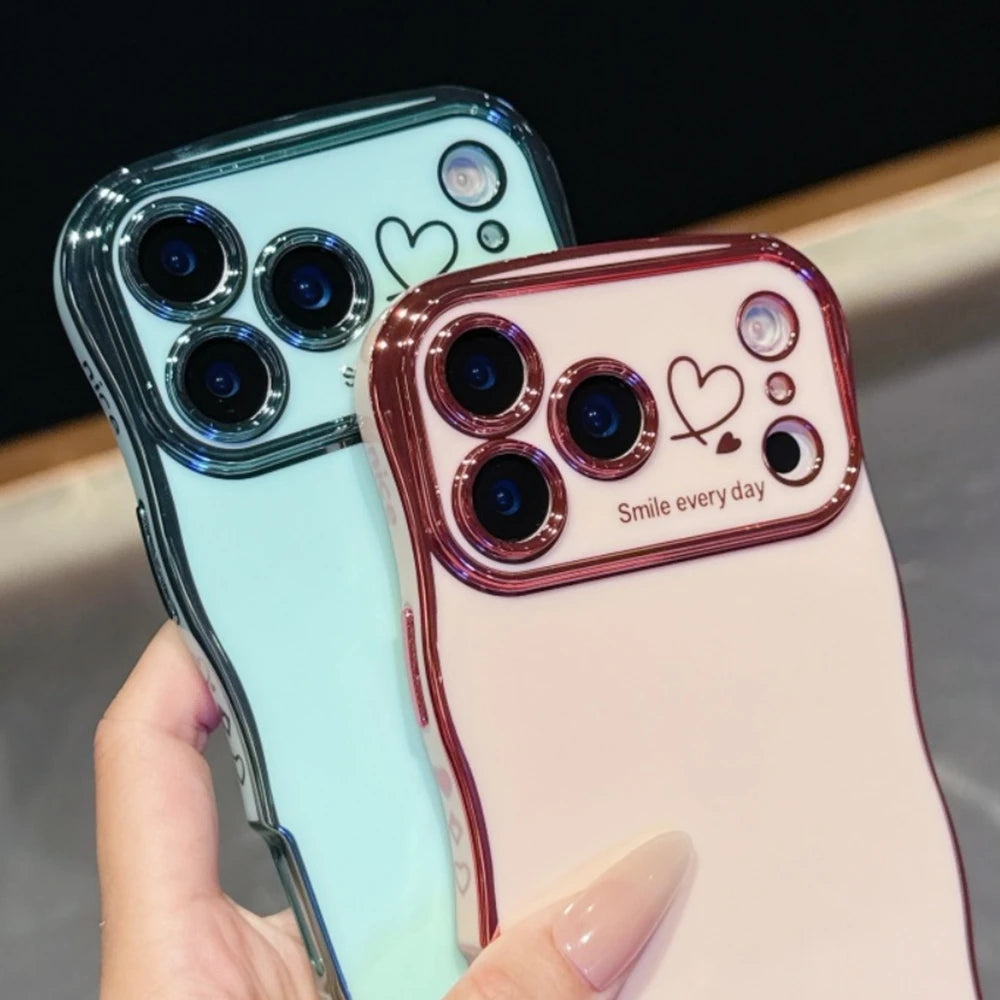 Luxury Plating Love Heart Wavy Border Phone Case For iPhone 17 16 15 14 13 12 11 Pro Max Plus 16E Air Shockproof Bumper Cover