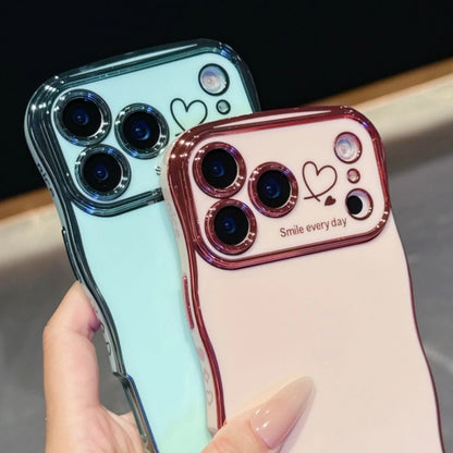Luxury Plating Love Heart Wavy Border Phone Case For iPhone 17 16 15 14 13 12 11 Pro Max Plus 16E Air Shockproof Bumper Cover