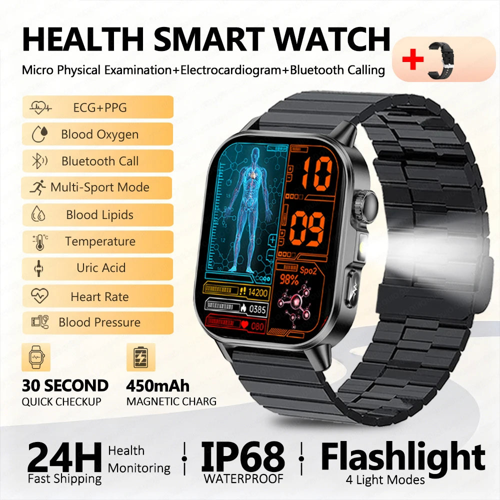 2026 New ECG Smart Watch Blood Pressure Blood Oxygen Uric Acid Monitoring IP68 Waterproof 450mAh Health Smart Watch Men Women