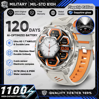 2026 New T-Rex 3 Ultra 1100mAh Military Smart Watch Men 5ATM Waterproof 1.7" AMOLED Screen Bluetooth Call Compass LED Flashlight