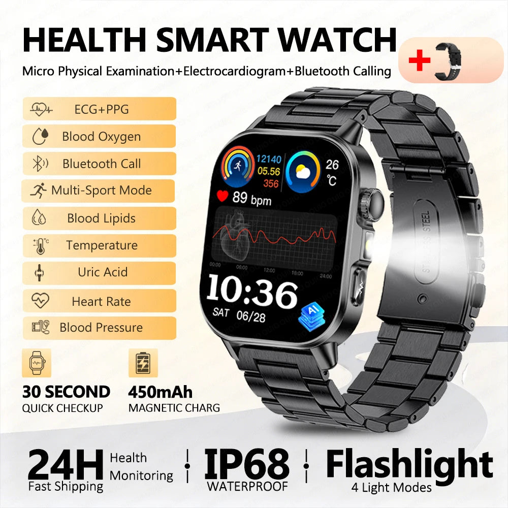 2026 New ECG Smart Watch Blood Pressure Blood Oxygen Uric Acid Monitoring IP68 Waterproof 450mAh Health Smart Watch Men Women