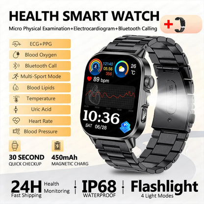 2026 New ECG Smart Watch Blood Pressure Blood Oxygen Uric Acid Monitoring IP68 Waterproof 450mAh Health Smart Watch Men Women