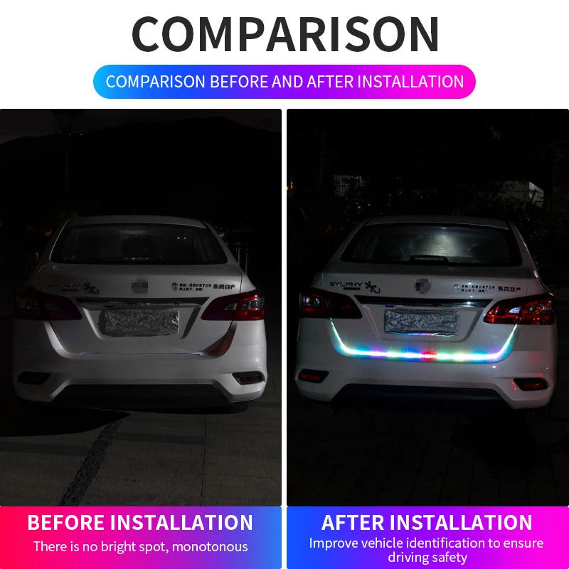 Car Rear Trunk Tail Light 120cm Colorful Dynamic Reverse Warning LED Strip 12v Additional Brake Follow Turn Signal Lamp